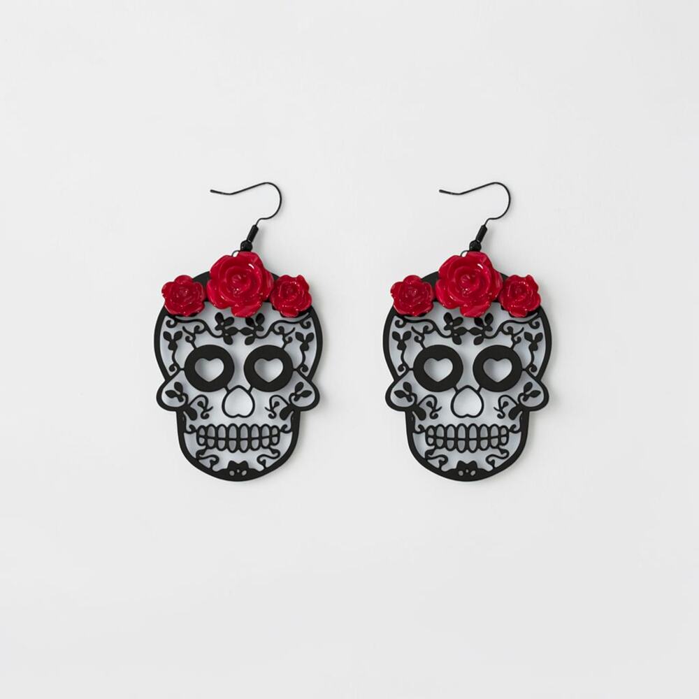 Red Rose Sugar Skull Drop Earrings